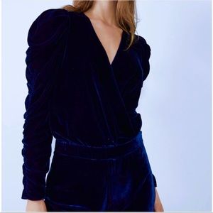 NWT Zara Crushed Velvet Midnight Blue Bodysuit size Small